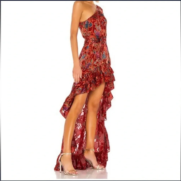 Alexis Marseille Floral Red Gown Maxi Dress One Shoulder High-Low Ruffle size M - Picture 4 of 11